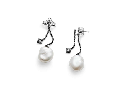 Rhodium Plated Pearl and CZ Studded Dangle Earring